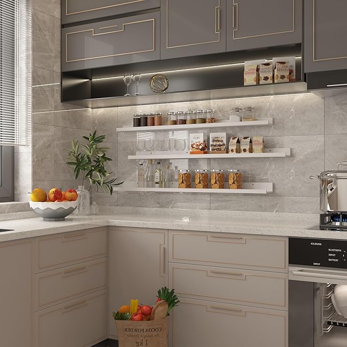 Giftgarden 47 Inch White Floating Shelves for Wall Mount, Modern Long Wood Wall Shelf Ledge for Bathroom Bedroom Living Room Kitchen Nursery Storage, Set of 3 Different Sizes-HomvellaHome