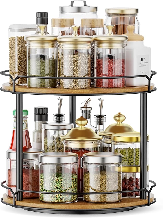 12.4" Lazy Susan Organizer 2 Tier - Rotating Spice Rack, Wooden Spinning Spice Holder for Inside Cabinet, Pantry, Kitchen, Countertop, Bathroom and Vanity, Versatile Storage-HomvellaHome