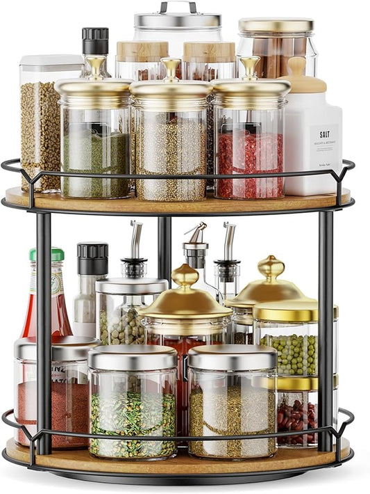 12.4" Lazy Susan Organizer 2 Tier - Rotating Spice Rack, Wooden Spinning Spice Holder for Inside Cabinet, Pantry, Kitchen, Countertop, Bathroom and Vanity, Versatile Storage-HomvellaHome