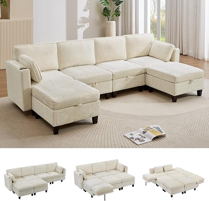 110" Modular Sectional Sofa, Convertible Sleeper Sofa Couch Bed with Adjustable Backrest, U-Shaped Chenille Cloud Couch with Ottoman Storage, Deep Seat Couches for Living Room,Beige-HomvellaHome