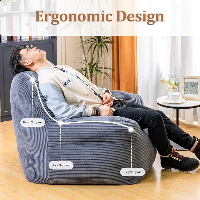 Giant Bean Bag Chair, Faux Fur Bean Bag Chair for Adults, Fluffy and Comfy Bean Bags with Filler, Big Bean Bag Sofa Chair for Reading, Gaming, Stuffed High-Density Foam, Grey-HomvellaHome