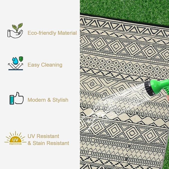 GAOMON Outdoor Rug for Patio Clearance 5x8 Reversible Plastic Straw Patio Rug for Camping Stain & UV Resistant RV Mats for Porch, Deck, Backyard, Camper, Balcony, Picnic, Black&Brown-HomvellaHome