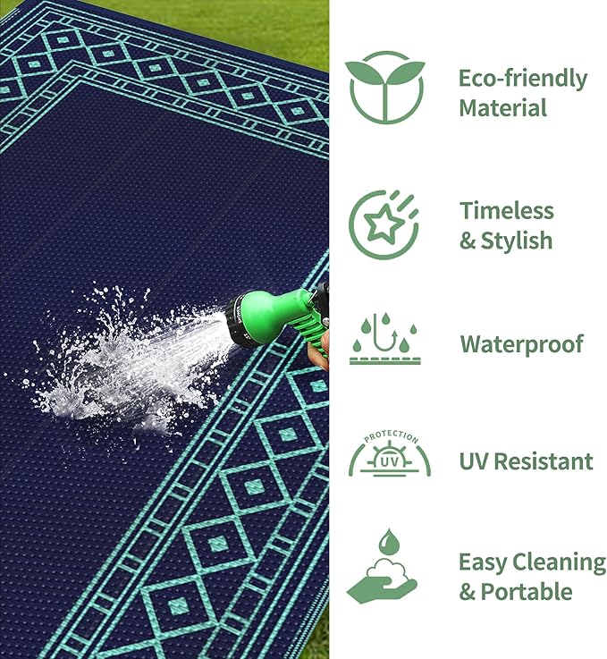 GENIMO Outdoor Rug Waterproof 6'x9' for Patio, Foldable Reversible Plastic Straw Carpet, Outside Area Mat for Patios, Rv, Deck, Picnic, Porch, Camper, Balcony, Beach, Navy Blue & Jade Green-HomvellaHome