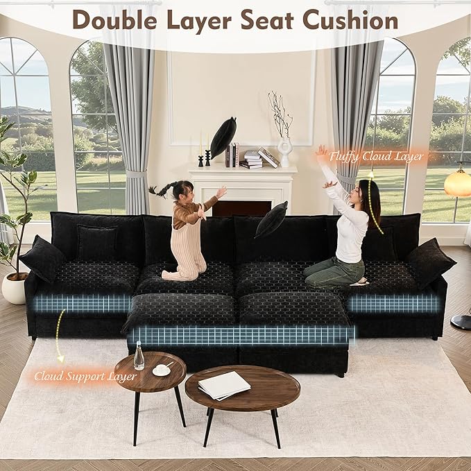 142.5" U Shaped Couch, Modular Sectional Sofa, 3-Seater Comfy Cloud Couch with Movable Ottoman, Deep Seat Couches for Living Room, Chenille, Black-HomvellaHome