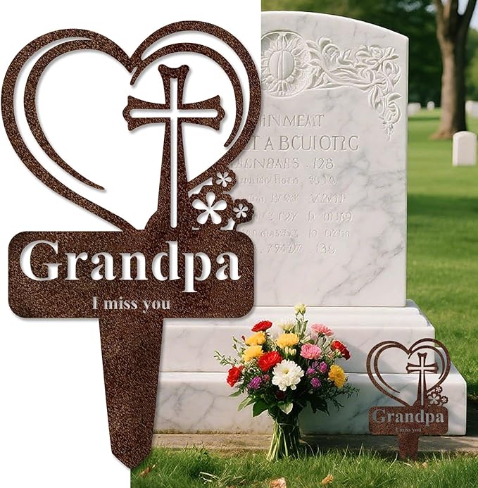 Grandpa Memorial Grave Stake, Cemetery Decorations for Grave Markers 12.5 x 7.2 inch Heart Metal Sympathy Stakes Graveside Plaque Decor Sign for Grandpa Graves, Yard, Garden - Rust-Grandpa-HomvellaHome