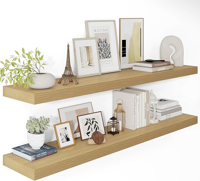 12 Inch Deep Floating Shelves 48 inch Long, 48 x 12 Wide Wall Shelves with Invisible Brackets, Heavy Duty Shelf for Bedroom Bathroom Living Room Kitchen Office Home Decor, Modern Shelf Set of 2, Oak-HomvellaHome