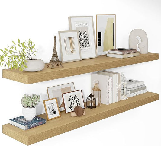 12 Inch Deep Floating Shelves 48 inch Long, 48 x 12 Wide Wall Shelves with Invisible Brackets, Heavy Duty Shelf for Bedroom Bathroom Living Room Kitchen Office Home Decor, Modern Shelf Set of 2, Oak-HomvellaHome