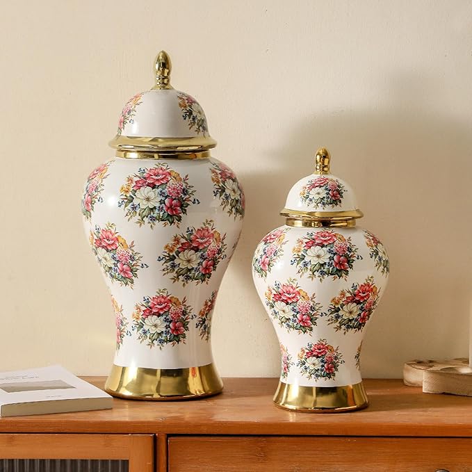 Ginger Jars for Home Decor, White Gold Ceramic Vase with Colorful Floral Pattern, Handmade Decorative Flower Vase with Lid for Home, Kitchen, Office, Table, Bookshelf, Mantle Fireplace,(18in)-HomvellaHome