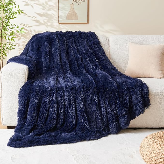 GONAAP Fuzzy Faux Fur Throw Blanket Twin Size Dark Navy Super Soft Cozy Plush Fuzzy Shaggy Blanket for Couch Sofa Bed (Dark Navy, Twin(60"x80"))-HomvellaHome