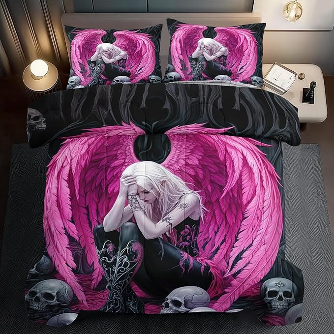 Gothic Skull Comforter Set King for Adults,Angel Wings Bedding Set Pink for Girls,Sexy Angel Comforter Bedroom Decor Teen,Gothic Skull Bedding Decor Pink Wings Quilt-HomvellaHome