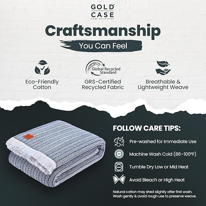 Gold Case Throw Blanket for Bed – 100% Recycled Turkish Cotton Bed Blanket – Decorative Throw Cotton Blankets for Living Room & Bedroom – Vintage Navy Blue Woven Queen Blankets – 90x90-HomvellaHome