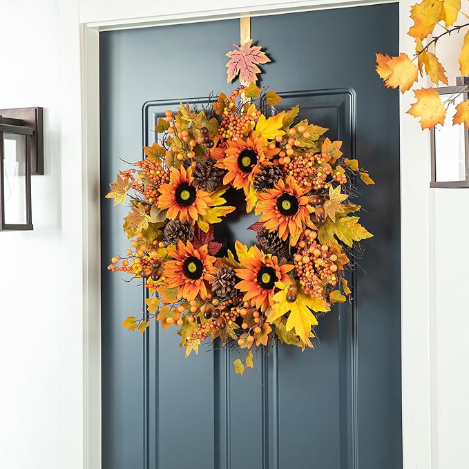 Glitzhome 24'' Fall Wreath for Front Door Decor, Artificial Autumn Orange Wreath with Sunflower, Maple Leaf and Berry Ornament for Wall Fireplace Farmhouse Thanksgiving Day Harvest Festival Decor-HomvellaHome
