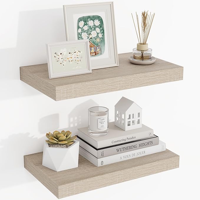 16 Inch Floating Shelves, 3D Textured Wood Grain, 16"x9.25"x1.5" Inch Deep Floating Shelves for Wall, Wooden Shelves for Bathroom, Bedroom, Living Room, Vintage White Oak-HomvellaHome