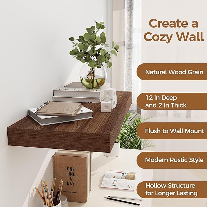 12 Inch Deep Floating Shelves, 24 x 12 Floating Shelf for Books, Rustic Wood Deep Wall Shelves for Home Storage & Display, 2" Thicked Shelves for Kitchen, Living Room, Bedroom, Walnut Color, 1 Pack-HomvellaHome