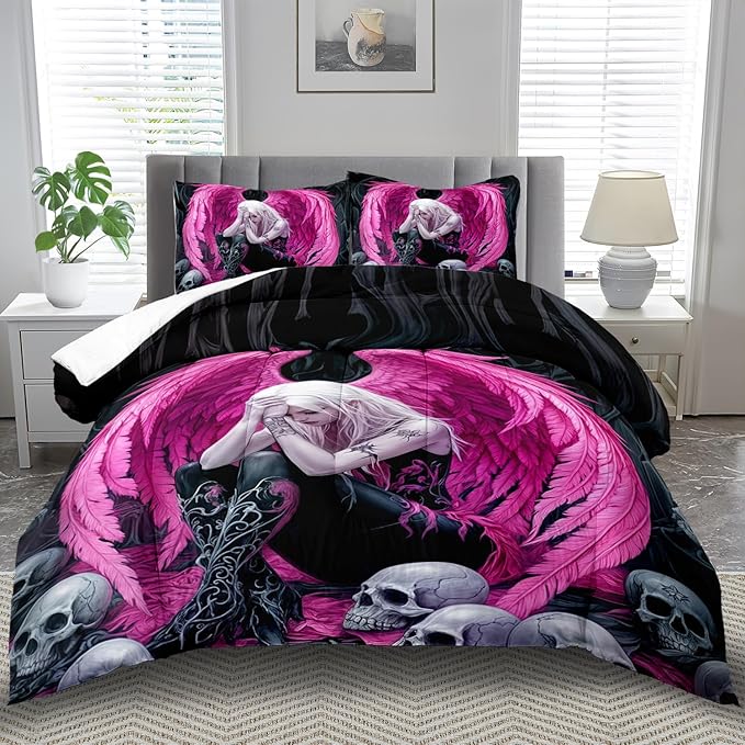 Gothic Skull Comforter Set King for Adults,Angel Wings Bedding Set Pink for Girls,Sexy Angel Comforter Bedroom Decor Teen,Gothic Skull Bedding Decor Pink Wings Quilt-HomvellaHome