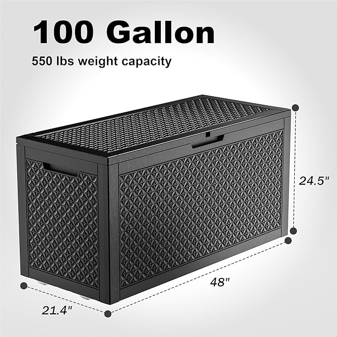 100 Gallon Resin Deck Box, Lockable Outdoor Storage Box for Patio Cushions Storage Furniture,Garden Tools, Pool Supplies, Weatherproof and UV Resistant（Black L）-HomvellaHome