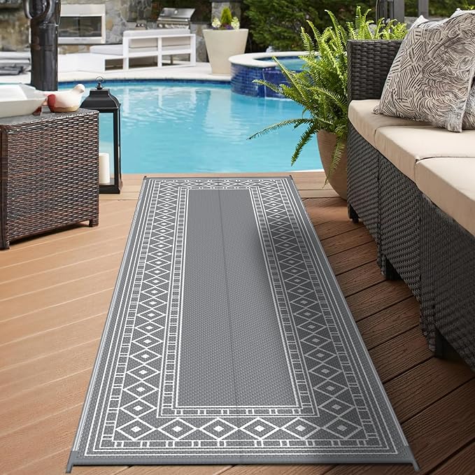GENIMO Outdoor Rug Waterproof for Patio, 2.5'x8' Foldable Reversible Plastic Straw Runner Rugs and Carpet for Porch, Outside Area Mat for Rv, Deck, Picnic, Camper, Balcony, Beach, Grey & White-HomvellaHome