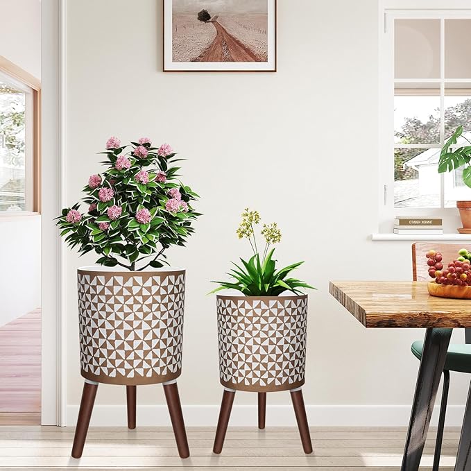 10 & 12 Inches Plant Pot with Stand, Large Modern Standing Planters for Indoor Outdoor Plants with Drainage Holes, Big Gold Floral Embossed Flower Pots with Legs-HomvellaHome