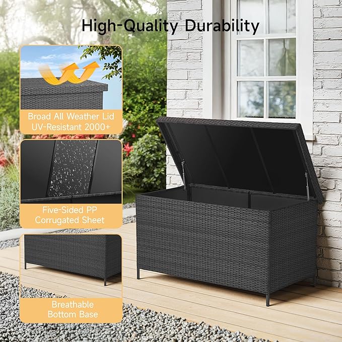 158 Gallon XL Deck Box with Lid, All Weather Wicker Outdoor Storage Box Waterproof, Large Outdoor Patio Storage Bin for Cushions, Garden Tools, Gears, Pool Accessories, Black-HomvellaHome