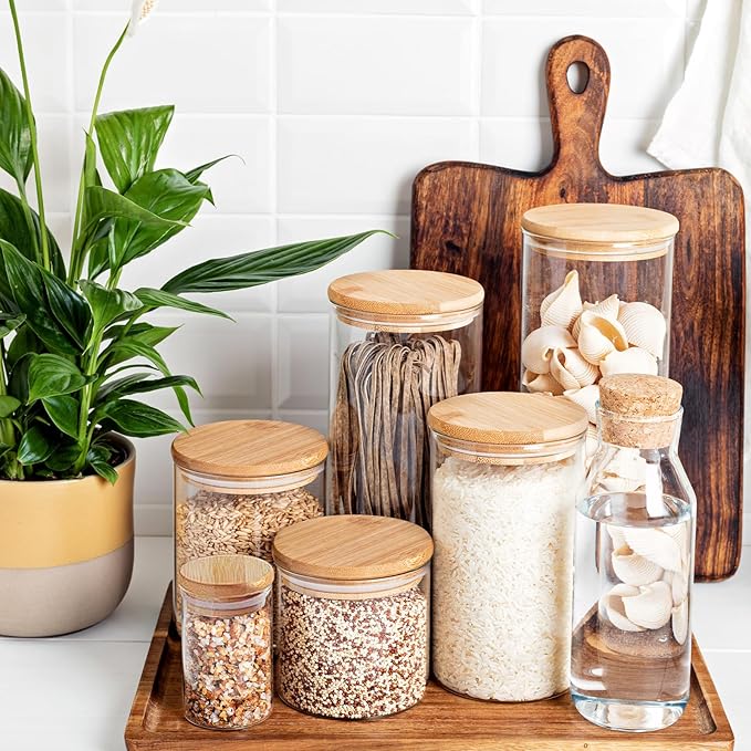 15oz Glass Food Storage Jars, Glass Jars with Bamboo Lids, Kitchen Storage Jars, Set of 6, Canisters with Airtight Lids for Spice, Coffee, Cookie, Pantry Organizers-HomvellaHome