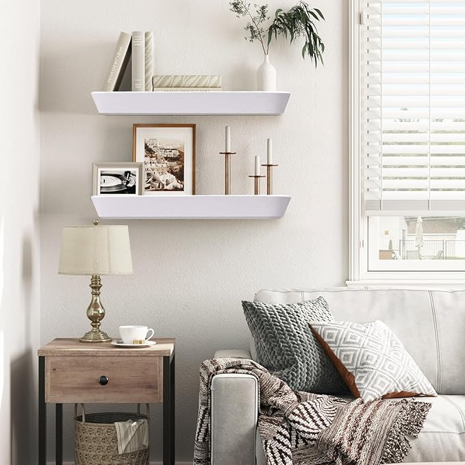 16"x6.8"x1.6" Slanted Floating Wall Shelves 2-Pack - Rustic White Finish, Heavy-Duty Solid Wood Design with Hidden Brackets - Perfect for Living Room, Kitchen, Bathroom, or Office-HomvellaHome