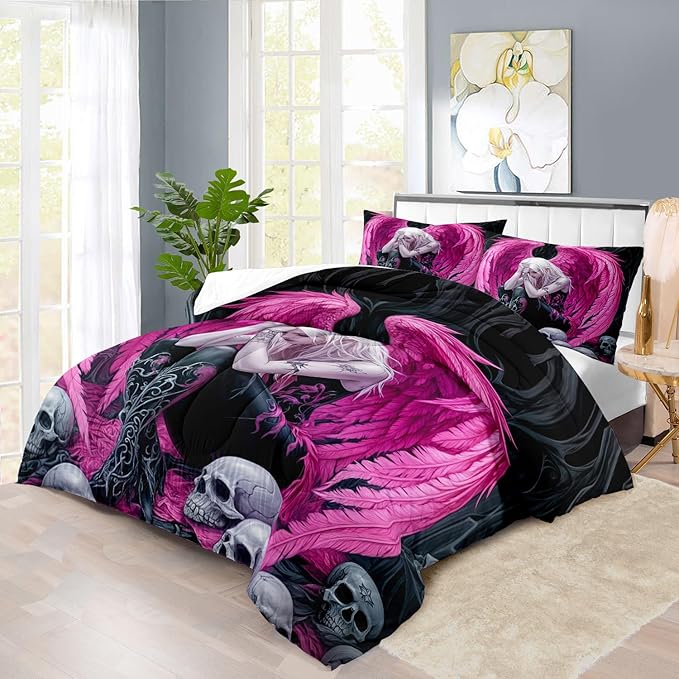 Gothic Skull Comforter Set King for Adults,Angel Wings Bedding Set Pink for Girls,Sexy Angel Comforter Bedroom Decor Teen,Gothic Skull Bedding Decor Pink Wings Quilt-HomvellaHome