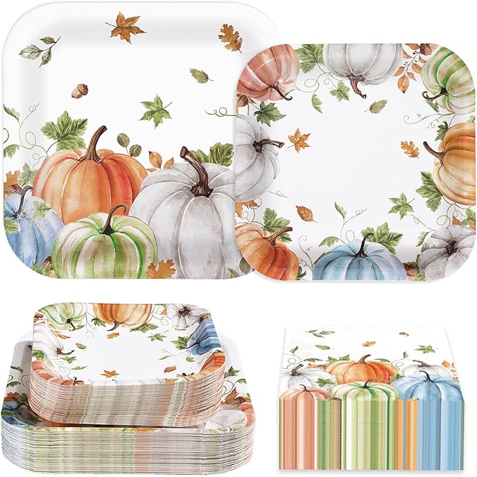 Grencian 200Pcs Fall Plates and Napkins Square Autumn Pumpkin Plates Thanksgiving Paper Platter Tableware Sets for Thanksgiving Harvest Party Decorations, Serves 50-HomvellaHome