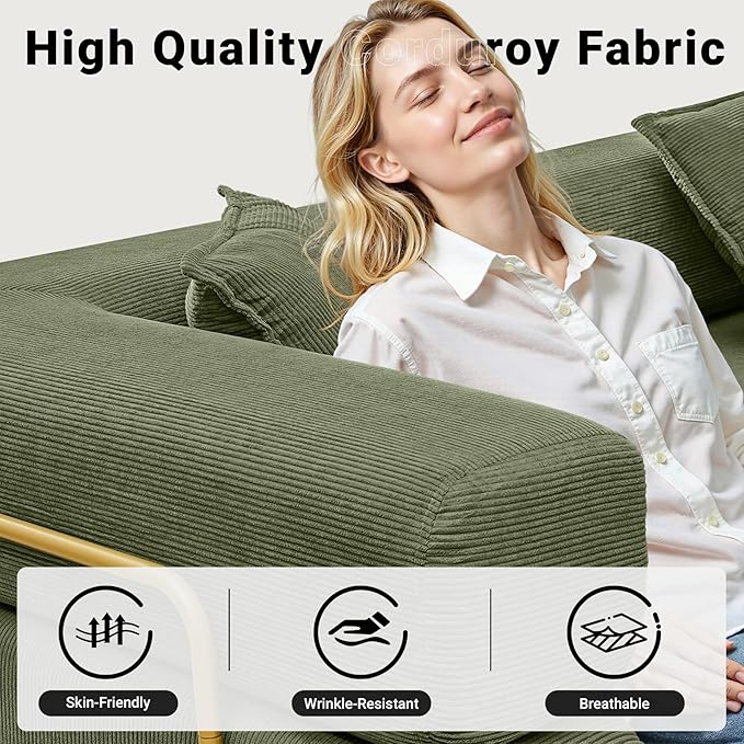 108" Oversized Convertible Sleeper Sofa Bed, Corduroy L Shape Sectional Couch, Folding Sofa Bed with Side Pocket, Modern Cloud Floor Mattress Couch, Modular Sofa for Living Room, Green-HomvellaHome