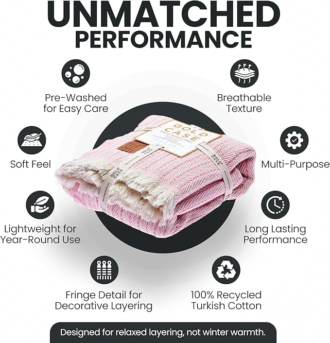 Gold Case Throw Blanket for Couch – 100% Recycled Turkish Cotton Blankets & Throws – Elegant Decorative Throw Blankets for Living Room Sofa – Woven Throws for Couch – Vintage Pink – 60x80-HomvellaHome