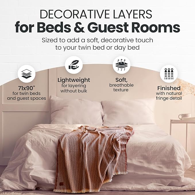 Gold Case Throw Blanket for Bed – 100% Recycled Turkish Cotton Bed Blanket – Decorative Throw Cotton Blankets for Living Room & Bedroom – Woven Twin Blankets – Vintage Beige – 71x90-HomvellaHome
