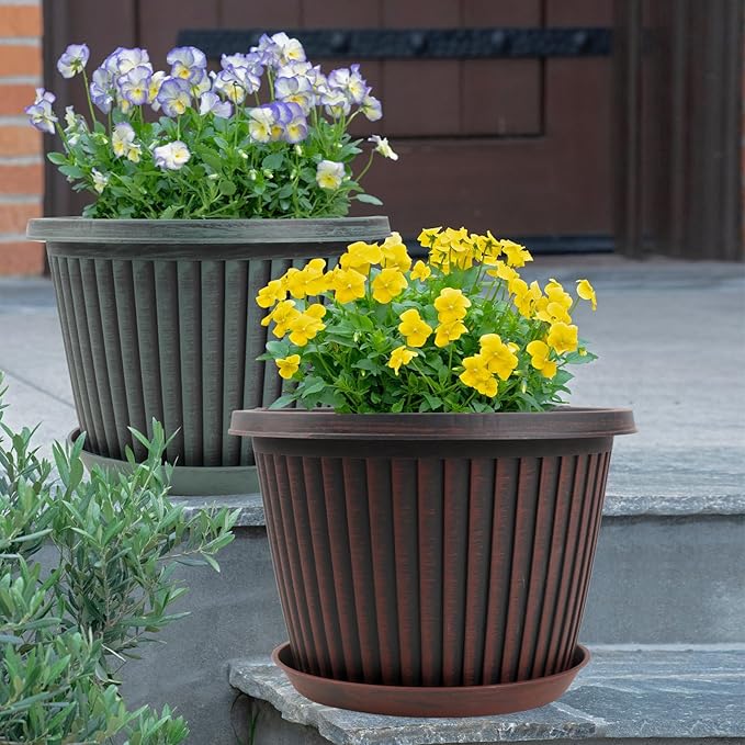 12 inch Plant Pots Indoor Outdoor, 4 Pack Large Planter, Plastic Flower Pots with Saucer and Drainage Holes, Modern Decorative Resin Garden Pots for House Plants-HomvellaHome