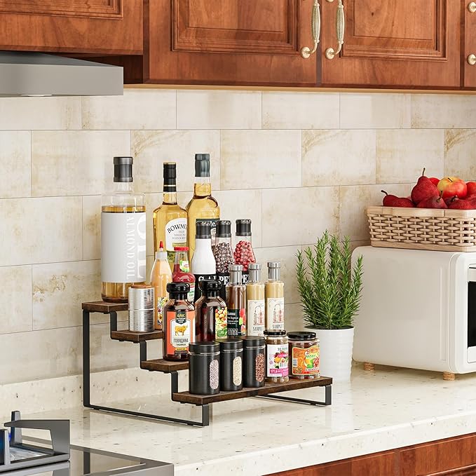 Giikin 4 Tier Spice Rack, Wooden Spice Rack for Countertop, Kitchen Counter Storage Shelves Cupcake Stand Holder Display Stand, Rustic Brown-HomvellaHome
