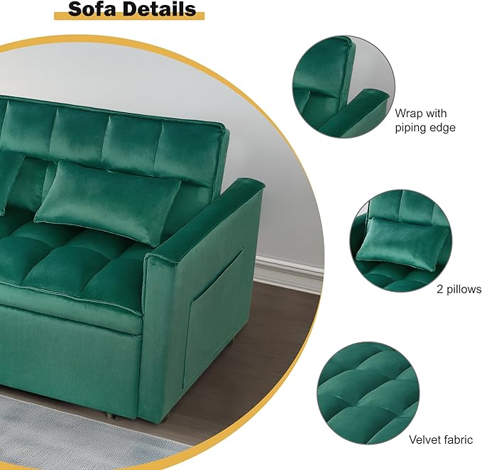 3 in 1 Sleeper Sofa Bed, Futon Sofa Bed for Living Room with Side Pocket, Green Sleepers Sofas Couch with Pullout Beds, Convertible Love Seat Sleepers Couch for Living Room, Bedroom-HomvellaHome