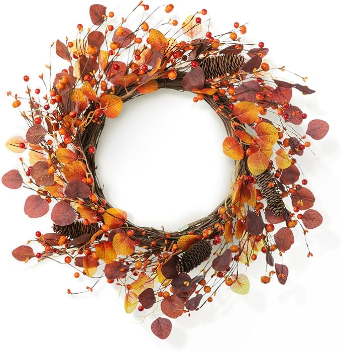 Glitzhome 22" D Fall Eucalyptus Berry Wreath, Artificial Wreaths Rustic Hanging Ornaments for Fall Front Door Wall Decor-HomvellaHome