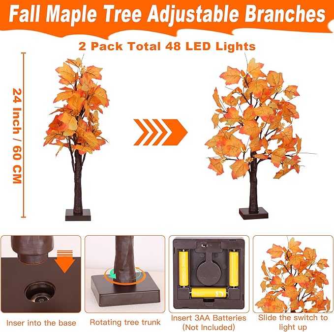 2 Pack 24 Inch Prelit Fall Maple Tree Fall Decor with 48 LEDs Timer Battery Operated Artificial Fall Light Up Tree Maple Acorn for Fall Thanksgiving Decorations Table Home Office Indoor Autumn Harvest-HomvellaHome