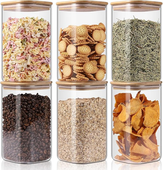 Glass Storage Jars 6 Pack -50oz (10cmx20cm)Clear Glass Food Storage Containers with Airtight Bamboo Lid Stackable Kitchen Canisters for Candy,Cookie,Rice,Sugar,Flour,Pasta,Nuts and Spice Jars(Square)-HomvellaHome