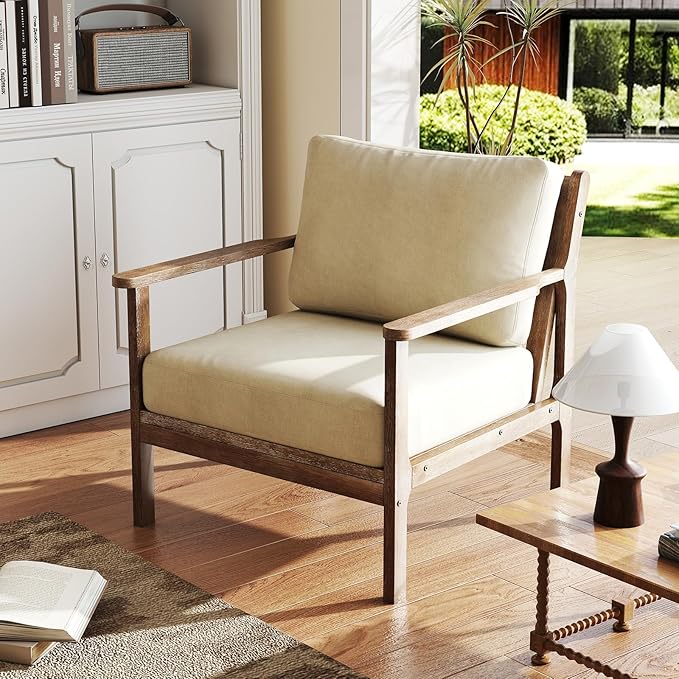 Giantex Mid Century Modern Accent Chair, Wooden Arm Chair w/Solid Wood Frame, Removable Seat Cushion & Pillow, Vintage Comfy Reading Chair for Living Room, Bedroom, Study-HomvellaHome