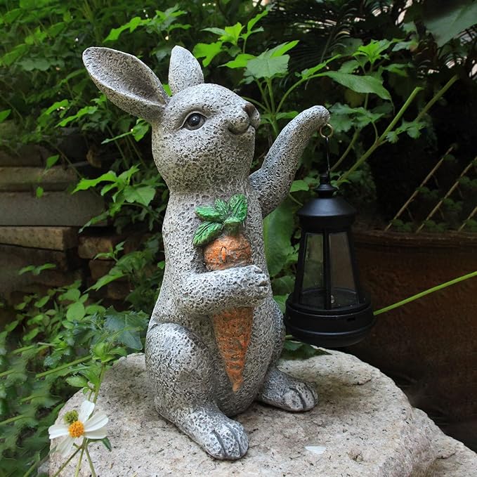 Garden Statues Rabbit Solar Lantern Outdoor Handmade Resin Statue Bunny with Cute Carrot for Patio, Yard,Mother's Day Gift Ideas (rabbit1)-HomvellaHome