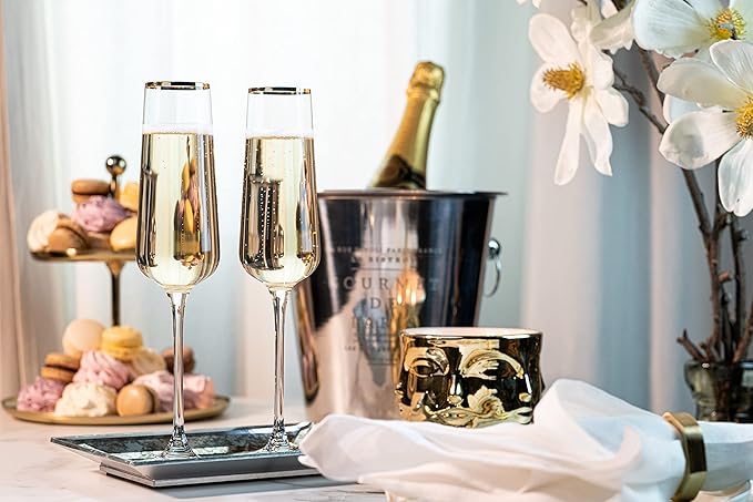 Gold Rim Champagne Gift Glasses | Set of 2 | Crystal Square Toasting Flutes for Bride and Groom, Wedding, Anniversary, Birthday | Elegant Long Stemmed Glassware for Sparkling Wine, Prosecco-HomvellaHome