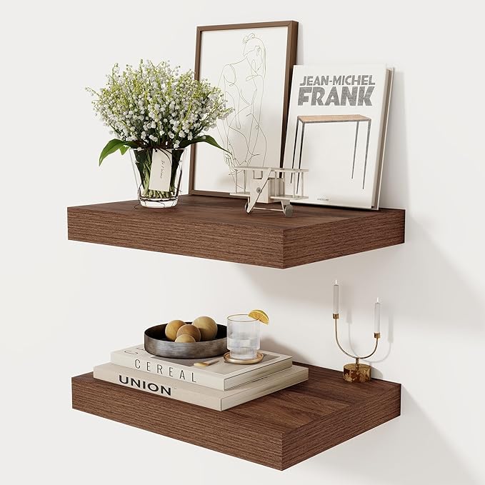 12 Inch Deep Floating Shelves, 16 x 12 Floating Shelf for Books, Rustic Wood Deep Wall Shelves for Home Storage & Display, 2" Thicked Shelves for Kitchen, Living Room, Bedroom, Walnut Color, 2 Pack-HomvellaHome