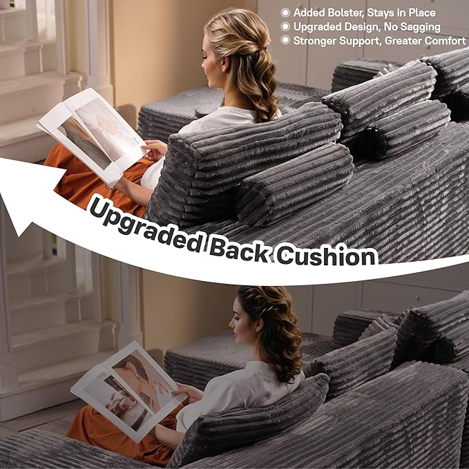 106" Cloud Sectional Couches for Living Room,Plush Corduroy Boneless Couch with Comfy Chaise,L Shaped Sofa in A Box No Assembly Require,Grey-HomvellaHome