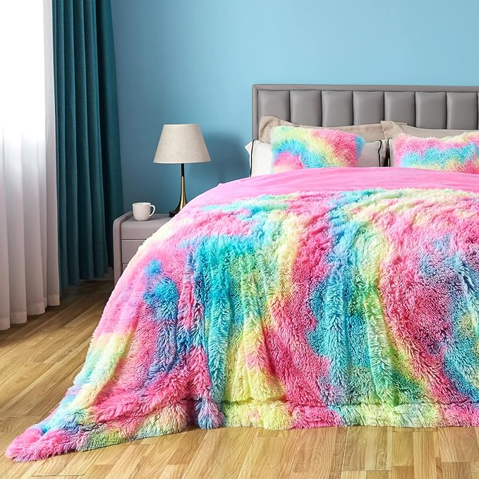 GONAAP Fuzzy Faux Fur Throw Blanket Queen Size Dark Rainbow Super Soft Cozy Plush Fuzzy Shaggy Blanket for Couch Sofa Bed (Dark Rainbow, Queen(90"x90"))-HomvellaHome