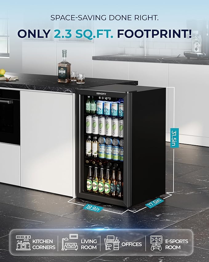 EUHOMY Beverage Refrigerator and Cooler, 128 Can Mini fridge with Glass Door, Small Refrigerator with Adjustable Shelves for Soda Beer or Wine, Home/Bar/Office, Black-HomvellaHome