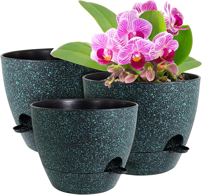 12/10/9 inch Large Self Watering Pots, Planter, Plant Pots with Mesh Drainage Holes for Indoor Outdoor Garden Plants, Plastic Flower Pots with Deep Reservoir, Black with Green Speckles-HomvellaHome