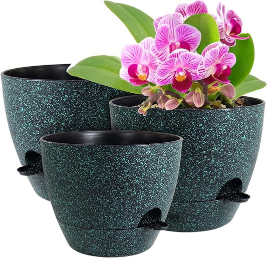 12/10/9 inch Large Self Watering Pots, Planter, Plant Pots with Mesh Drainage Holes for Indoor Outdoor Garden Plants, Plastic Flower Pots with Deep Reservoir, Black with Green Speckles-HomvellaHome