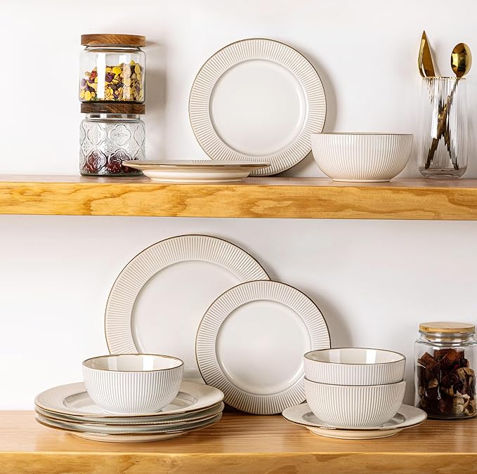 GBHOME Ceramic Dinnerware Sets,12 pcs Embossed Elegant Stoneware Plates and Bowls Sets, Housewarming Wedding Gift | Dishwasher & Microwave Safe | Dishes Set Service for 4-HomvellaHome