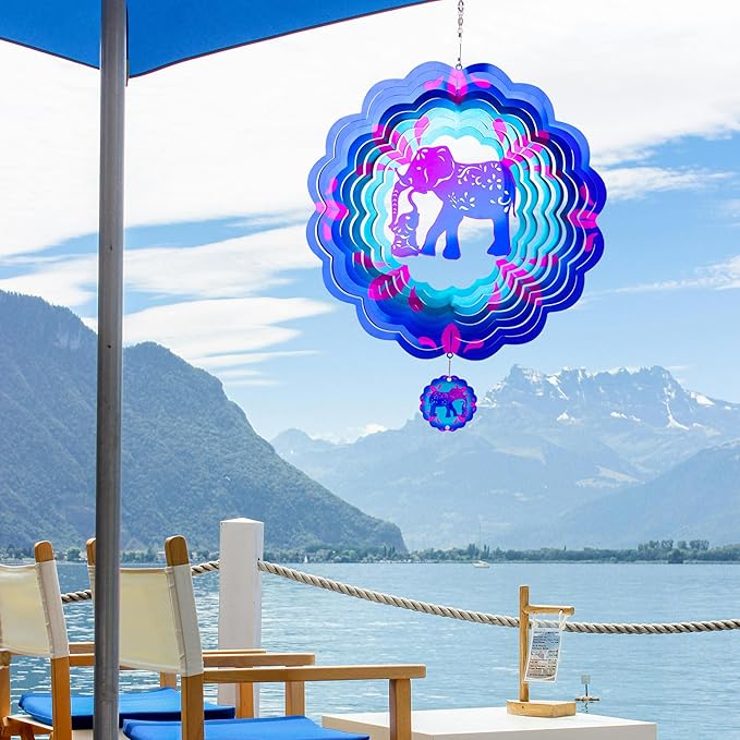 12 inch Elephant 3D Stainless Steel Wind Spinners, Hanging Garden Spinner Kinetic Art Garden Decorations, Reflective Wind Sculpture for Indoor/Outdoor Decor-HomvellaHome