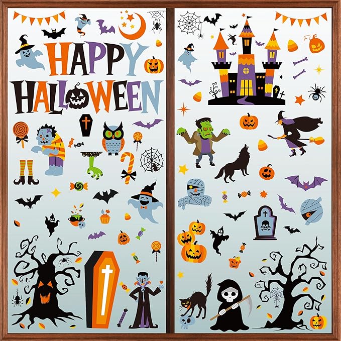 115PCS Halloween Window Clings, 9 Sheets Halloween Decorations, Cute Witch Tree Zombie Ghost Patterns PVC Window Stickers for Treat or Trick Party Favors Decal Supplies Decor Accessories-HomvellaHome