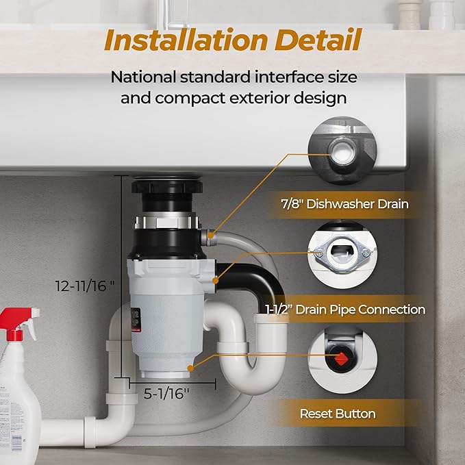 1/2 HP Garbage Disposals, TECASA Continuous Feed, Stainless Steel Food Waste Grinding System for Kitchen Sink Food Waste, Power Cord Included, UL Certified - HyperCrush 50-HomvellaHome