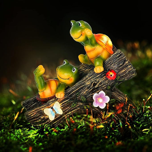 Garden Turtle Figurines Outdoor Decorations, Solar Statue Sweet Frog Face Turtles Decor with 4 LED Lights, Unique Garden Art Resin Statue Gifts for Patio Lawn Porch Yard-HomvellaHome